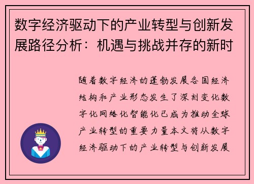 数字经济驱动下的产业转型与创新发展路径分析：机遇与挑战并存的新时代经济格局