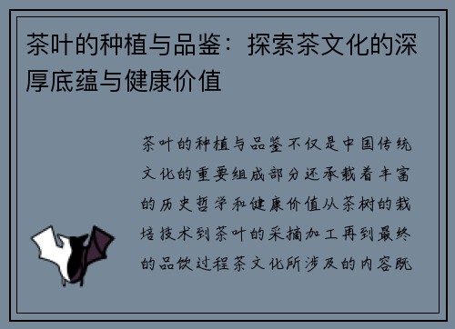 茶叶的种植与品鉴：探索茶文化的深厚底蕴与健康价值