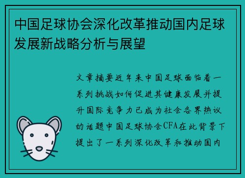 中国足球协会深化改革推动国内足球发展新战略分析与展望