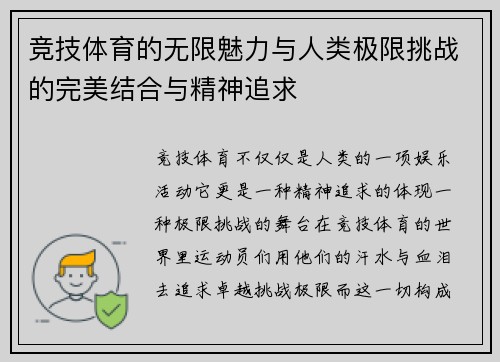 竞技体育的无限魅力与人类极限挑战的完美结合与精神追求