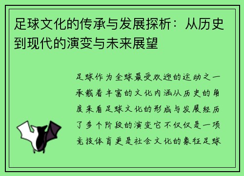 足球文化的传承与发展探析：从历史到现代的演变与未来展望